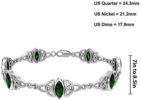 US Jewels and Gems 925 Sterling Silver Irish Celtic Trinity Knot Simulated Emerald Glass Bracelet in Kuwait