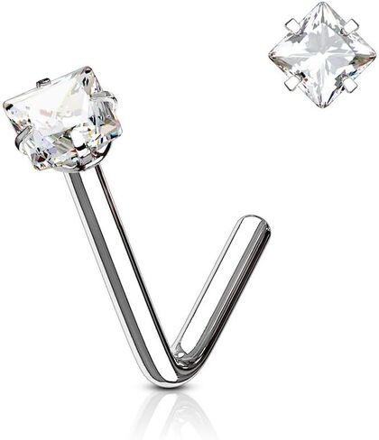 Amelia Fashion 18 Gauge Square CZ L Bend Nose Stud Ring 316L Surgical Steel (Choose Color) in Kuwait