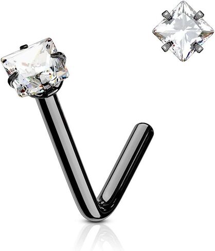 Amelia Fashion 18 Gauge Square CZ L Bend Nose Stud Ring 316L Surgical Steel (Choose Color) in Kuwait