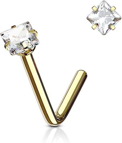 Amelia Fashion 18 Gauge Square CZ L Bend Nose Stud Ring 316L Surgical Steel (Choose Color) in Kuwait