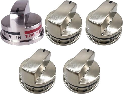 4 (EBZ37189611) Knobs & 1 (EBZ37189609) Super Boil Knob Burner Range Control Knob Kit Replace for EBZ37189601 EBZ37189602 Compatible with LG Gas Range D-shaped Shaft Stainless Steel Replaces AH3534129 in Saudi Arabia