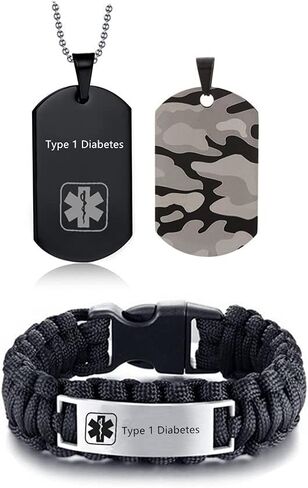 Free Engraving Medical Alert ID Necklaces and Bracelets Set for Men Stainless Steel Medic Identification Pendant Necklace Camouflage Dog Tag & Paracord Rope Cuff Bracelet Allergy Awareness Jewelry in Saudi Arabia