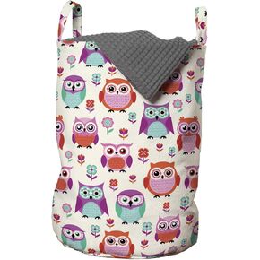Ambesonne Owls Laundry Bag, Owls Happy Childhood Hipster Modern Repeated Animals Pattern Illustration, Hamper Basket with Handles Drawstring Closure for Laundromats, 13" x 19", Orange Fuchsia Seafoam in Kuwait