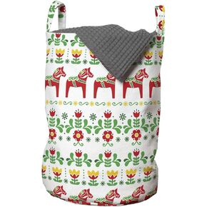Ambesonne Folk Art Laundry Bag, Scandinavian Themed Pattern of Swedish Dala Horse and Flowers, Hamper Basket with Handles Drawstring Closure for Laundromats, 13" x 19", Green Vermilion in Kuwait