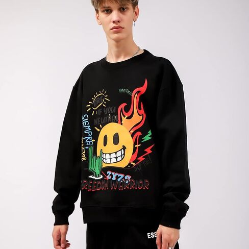 Arnodefrance الرجال الجرافيك بلوزات خمر الطباعة البلوز القطن فضفاض Crewneck هوديس البلوز in Kuwait