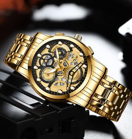GOSASA Watch for Men's Women's Stainless Steel Calendar Chronography Quartz Hollowed Out Luminous Analog Display Waterproof Business Unisex Wristwatch in Saudi Arabia