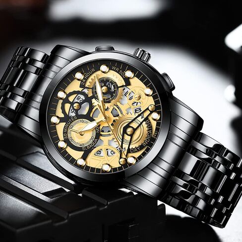 GOSASA Watch for Men's Women's Stainless Steel Calendar Chronography Quartz Hollowed Out Luminous Analog Display Waterproof Business Unisex Wristwatch in Saudi Arabia