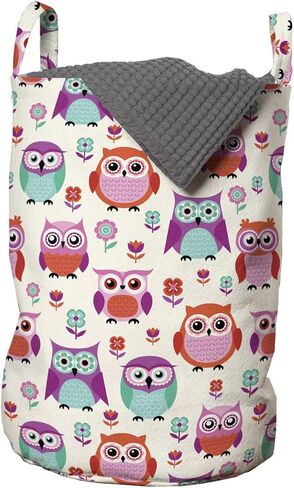 Ambesonne Owls Laundry Bag, Owls Happy Childhood Hipster Modern Repeated Animals Pattern Illustration, Hamper Basket with Handles Drawstring Closure for Laundromats, 13" x 19", Orange Fuchsia Seafoam in Kuwait
