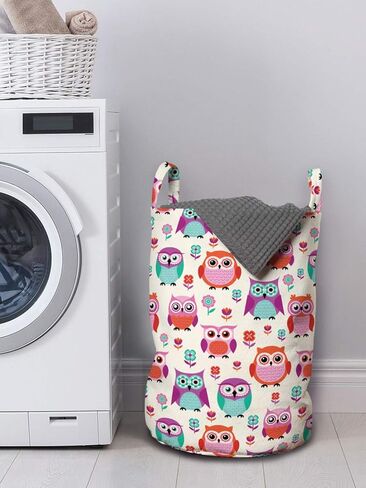 Ambesonne Owls Laundry Bag, Owls Happy Childhood Hipster Modern Repeated Animals Pattern Illustration, Hamper Basket with Handles Drawstring Closure for Laundromats, 13" x 19", Orange Fuchsia Seafoam in Kuwait