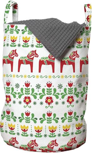 Ambesonne Folk Art Laundry Bag, Scandinavian Themed Pattern of Swedish Dala Horse and Flowers, Hamper Basket with Handles Drawstring Closure for Laundromats, 13" x 19", Green Vermilion in Kuwait