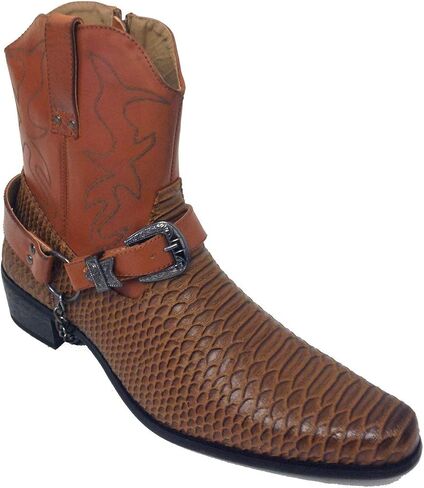 J-jap Men’s Cowboy Boots Western Alligator Snake Skin Print Crocodile Zippper Buckle Harness Chain Ankle Shoes in Saudi Arabia