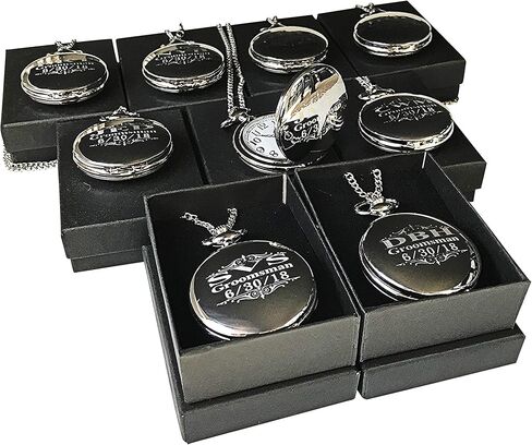 7 Engraved Pocket Watches, Set of 7 Groomsmen Wedding Unique Gifts, Chain, Box and Engraving Included, Comes in 5 Colors, His and her Gifts in Saudi Arabia