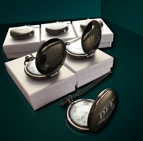 7 Engraved Pocket Watches, Set of 7 Groomsmen Wedding Unique Gifts, Chain, Box and Engraving Included, Comes in 5 Colors, His and her Gifts in Saudi Arabia