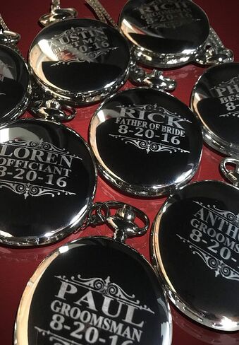 7 Engraved Pocket Watches, Set of 7 Groomsmen Wedding Unique Gifts, Chain, Box and Engraving Included, Comes in 5 Colors, His and her Gifts in Saudi Arabia