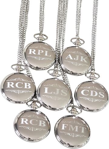 7 Engraved Pocket Watches, Set of 7 Groomsmen Wedding Unique Gifts, Chain, Box and Engraving Included, Comes in 5 Colors, His and her Gifts in Saudi Arabia