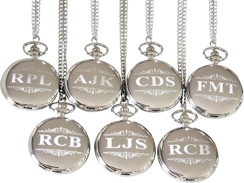 7 Engraved Pocket Watches, Set of 7 Groomsmen Wedding Unique Gifts, Chain, Box and Engraving Included, Comes in 5 Colors, His and her Gifts in Saudi Arabia