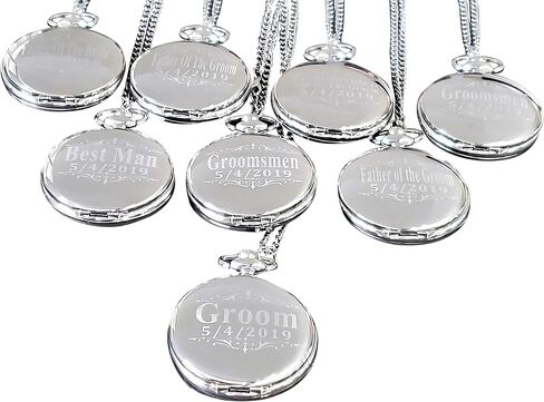7 Engraved Pocket Watches, Set of 7 Groomsmen Wedding Unique Gifts, Chain, Box and Engraving Included, Comes in 5 Colors, His and her Gifts in Saudi Arabia
