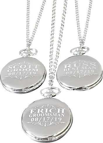 7 Engraved Pocket Watches, Set of 7 Groomsmen Wedding Unique Gifts, Chain, Box and Engraving Included, Comes in 5 Colors, His and her Gifts in Saudi Arabia