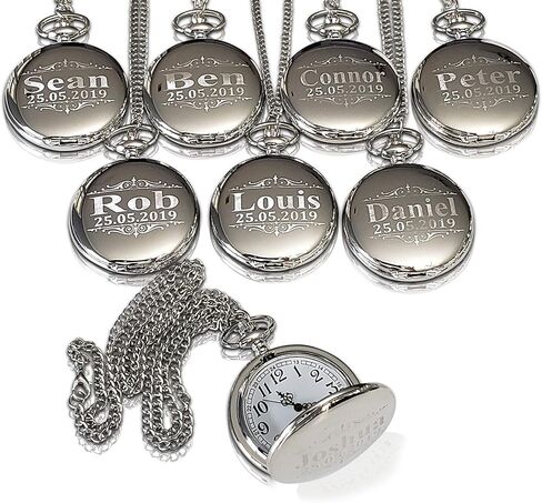 7 Engraved Pocket Watches, Set of 7 Groomsmen Wedding Unique Gifts, Chain, Box and Engraving Included, Comes in 5 Colors, His and her Gifts in Saudi Arabia