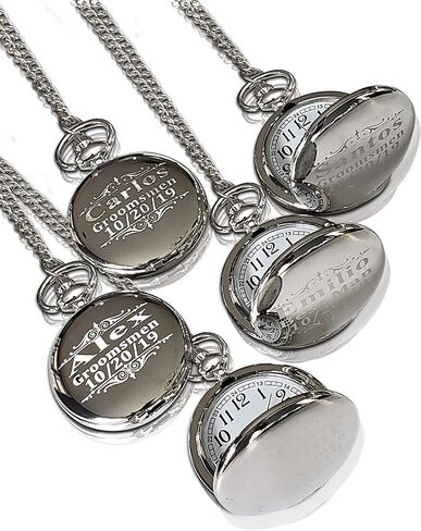 7 Engraved Pocket Watches, Set of 7 Groomsmen Wedding Unique Gifts, Chain, Box and Engraving Included, Comes in 5 Colors, His and her Gifts in Saudi Arabia