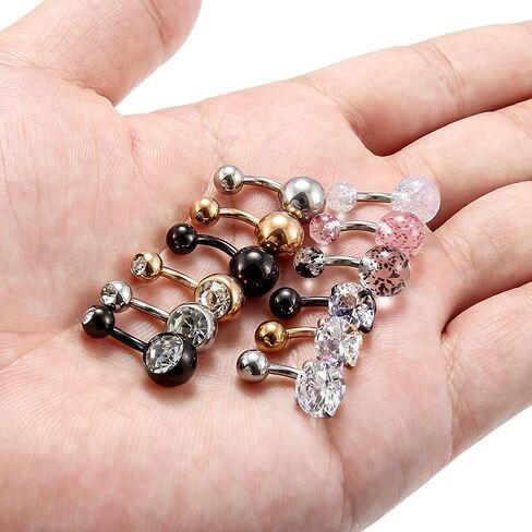 Dyknasz 14G 6MM (1/4") Short Length Surgical Steel Belly Button Rings Clear Diamond CZ Navel Ring Body Piercing Jewelry for Women Men 12 Pieces in Kuwait