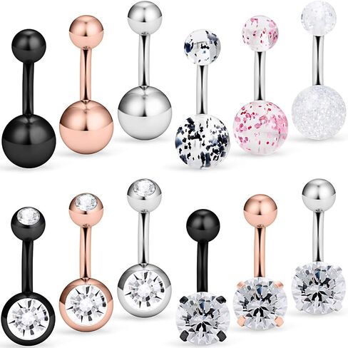 Dyknasz 14G 6MM (1/4") Short Length Surgical Steel Belly Button Rings Clear Diamond CZ Navel Ring Body Piercing Jewelry for Women Men 12 Pieces in Kuwait