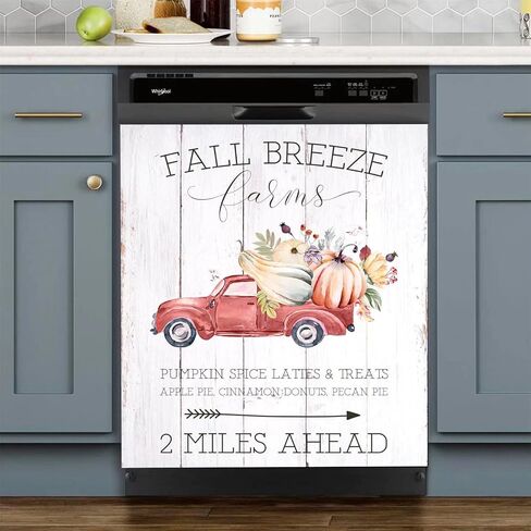 ملصق مغناطيسي لغسالة الأطباق بغطاء شاحنة الخريف، مغناطيس غسالة الأطباق على شكل زهرة اليقطين، ملصق مطبخ نسيم الخريف مقاس 23 × 26 بوصة ديكور لوحة الغسالة (خشب ريفي) in Kuwait