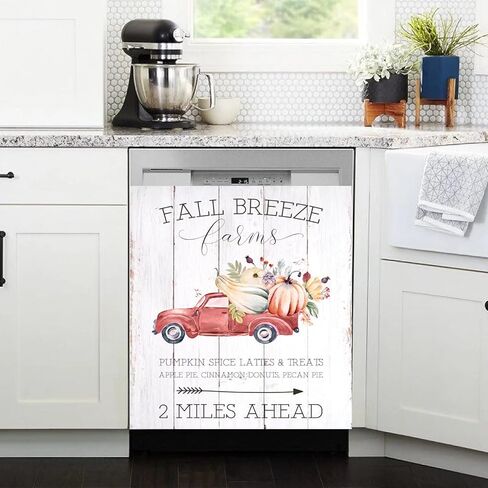 ملصق مغناطيسي لغسالة الأطباق بغطاء شاحنة الخريف، مغناطيس غسالة الأطباق على شكل زهرة اليقطين، ملصق مطبخ نسيم الخريف مقاس 23 × 26 بوصة ديكور لوحة الغسالة (خشب ريفي) in Kuwait