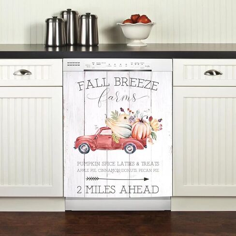 ملصق مغناطيسي لغسالة الأطباق بغطاء شاحنة الخريف، مغناطيس غسالة الأطباق على شكل زهرة اليقطين، ملصق مطبخ نسيم الخريف مقاس 23 × 26 بوصة ديكور لوحة الغسالة (خشب ريفي) in Kuwait