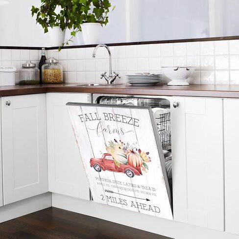 ملصق مغناطيسي لغسالة الأطباق بغطاء شاحنة الخريف، مغناطيس غسالة الأطباق على شكل زهرة اليقطين، ملصق مطبخ نسيم الخريف مقاس 23 × 26 بوصة ديكور لوحة الغسالة (خشب ريفي) in Kuwait