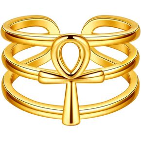 beautlace Ankh Cross Rings Adjustable Ring Silver/18K Gold/Black Gun Plated Horizontal/Erected Ankh Cross Open Ring for Men and Women