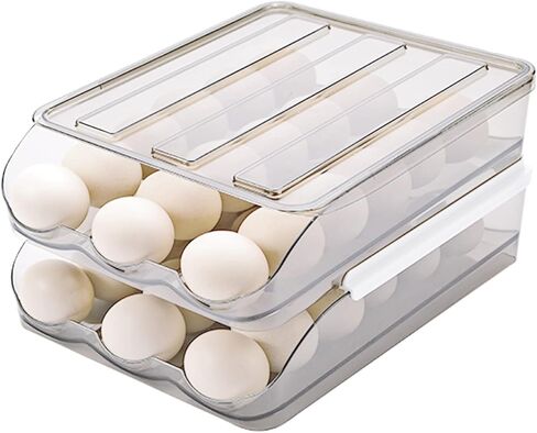 2 Layer Egg Holder for Refrigerator, Large Capacity 36 Eggs Fresh Storage Box for Fridge, Automatic Rolling Egg Container Tray, Stackable Transparent Plastic Egg Organizer Bin (White) in Kuwait