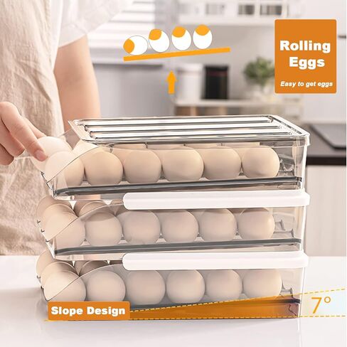 2 Layer Egg Holder for Refrigerator, Large Capacity 36 Eggs Fresh Storage Box for Fridge, Automatic Rolling Egg Container Tray, Stackable Transparent Plastic Egg Organizer Bin (White) in Kuwait