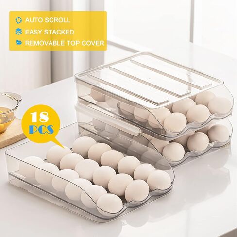 2 Layer Egg Holder for Refrigerator, Large Capacity 36 Eggs Fresh Storage Box for Fridge, Automatic Rolling Egg Container Tray, Stackable Transparent Plastic Egg Organizer Bin (White) in Kuwait