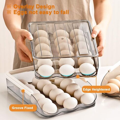 2 Layer Egg Holder for Refrigerator, Large Capacity 36 Eggs Fresh Storage Box for Fridge, Automatic Rolling Egg Container Tray, Stackable Transparent Plastic Egg Organizer Bin (White) in Kuwait