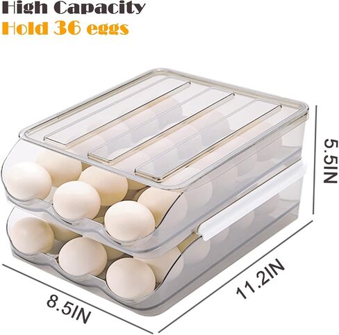 2 Layer Egg Holder for Refrigerator, Large Capacity 36 Eggs Fresh Storage Box for Fridge, Automatic Rolling Egg Container Tray, Stackable Transparent Plastic Egg Organizer Bin (White) in Kuwait