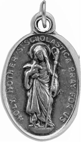 Saint Scholastica Patron Saint of Benedictine Nuns Silver Oxidized Medal Blessed Prayer Card and Set with everything (CARD) in Saudi Arabia