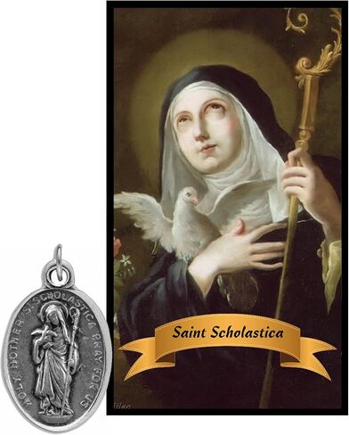 Saint Scholastica Patron Saint of Benedictine Nuns Silver Oxidized Medal Blessed Prayer Card and Set with everything (CARD) in Saudi Arabia