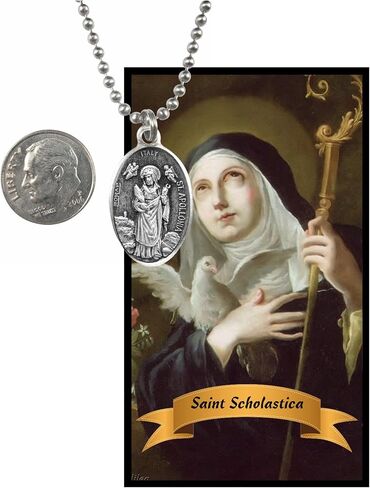 Saint Scholastica Patron Saint of Benedictine Nuns Silver Oxidized Medal Blessed Prayer Card and Set with everything (CARD) in Saudi Arabia