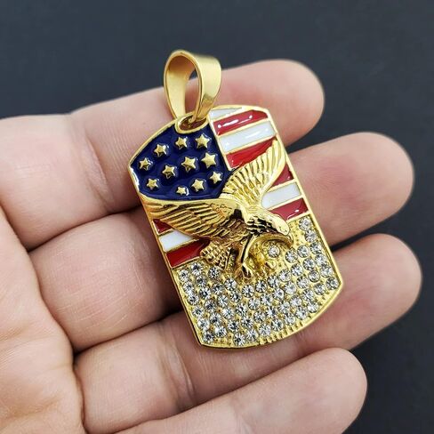 Iced Stainless steel American Flag Eagle Dog Tag Gold Silver Tone Charm Pendant in Kuwait