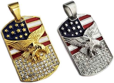 Iced Stainless steel American Flag Eagle Dog Tag Gold Silver Tone Charm Pendant in Kuwait