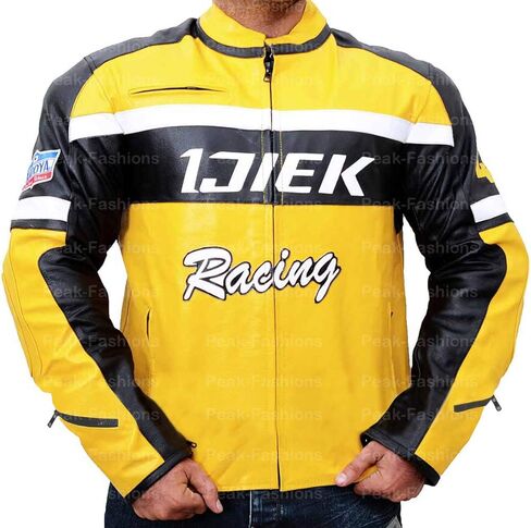 Chuck Greene Mens Biker Racer Yellow & Black Motorcycle Leather Jacket in Saudi Arabia