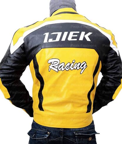 Chuck Greene Mens Biker Racer Yellow & Black Motorcycle Leather Jacket in Saudi Arabia