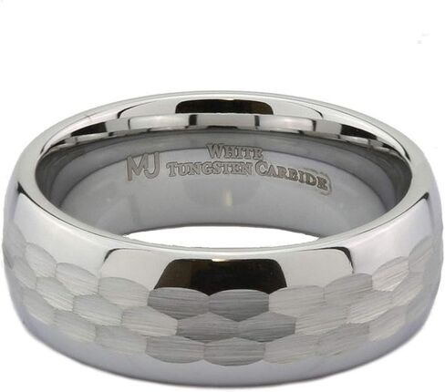 MJ Metals Jewelry Custom Engraved White Tungsten Carbide Hammered Center 6mm or 8mm Wedding Band Ring in Kuwait