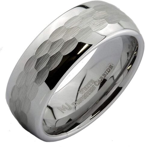 MJ Metals Jewelry Custom Engraved White Tungsten Carbide Hammered Center 6mm or 8mm Wedding Band Ring in Kuwait