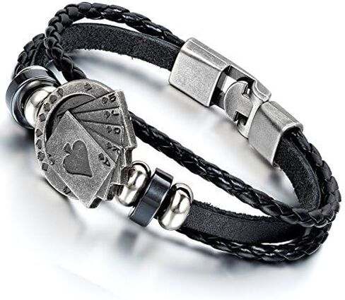 Flongo Men's Unique Alloy Biker Playing Card Poker Leather Bangle Wrap Cuff Bracelet, 8.7 inch in Saudi Arabia
