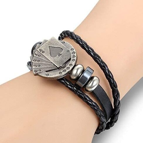 Flongo Men's Unique Alloy Biker Playing Card Poker Leather Bangle Wrap Cuff Bracelet, 8.7 inch in Saudi Arabia