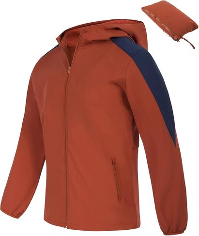 Mens Windbreaker with Hood Lightweight Waterproof Jacket Color Block Casual Jacket for Hiking Running(M, Orange) in Saudi Arabia
