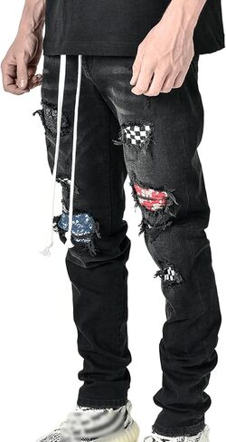 Men's Pattern Patch Ripped Jeans Skinny Stretch Plaid Printed Denim Pants Slim Fit Distressed Patchwork Biker Jean in Saudi Arabia