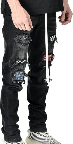 Men's Pattern Patch Ripped Jeans Skinny Stretch Plaid Printed Denim Pants Slim Fit Distressed Patchwork Biker Jean in Saudi Arabia